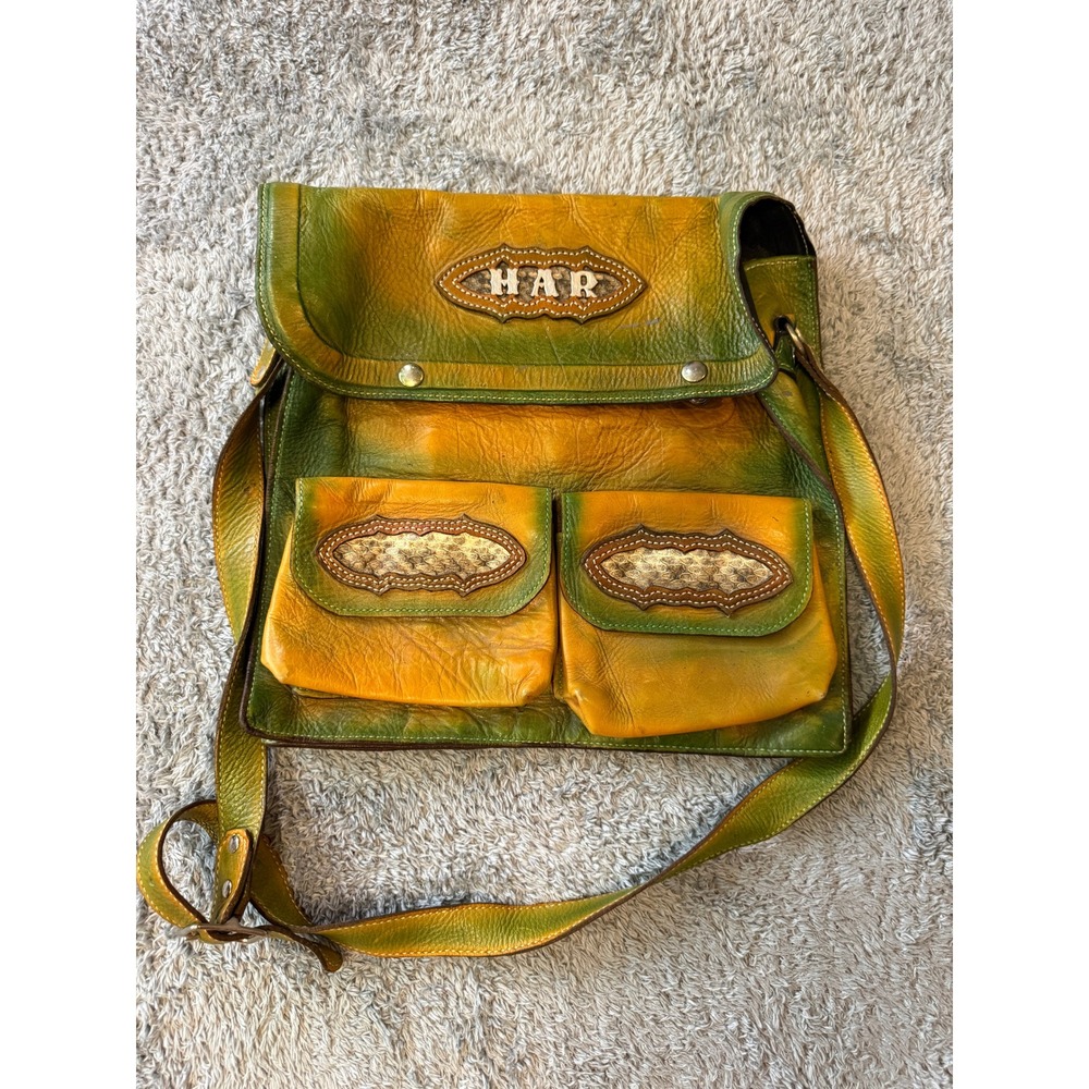 HAR Unisex Custom Handcrafted Messenger Bag Large Green Yellow Leather Snakeskin